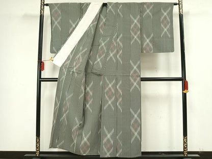 平和屋着物▽お召　単衣　幾何学文様　正絹　逸品　AAAZ9159fy