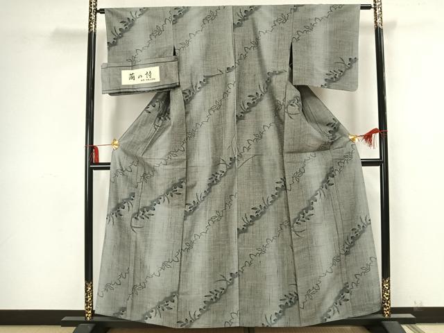 平和屋着物▽上質な紬 単衣 草葉文 反端付き 正絹 逸品 AAAZ9161fy