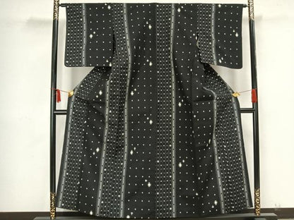 平和屋着物▽上質な紬 単衣 幾何学文様 黒地 正絹 逸品 AAAZ9165fy