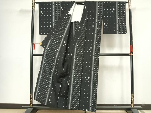 平和屋着物▽上質な紬 単衣 幾何学文様 黒地 正絹 逸品 AAAZ9165fy