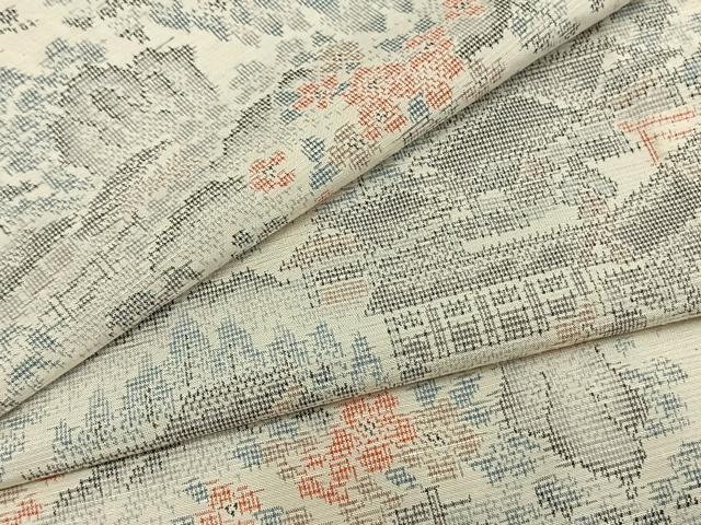 平和屋着物▽上質な紬　単衣　風景文　正絹　逸品　AAAZ9166fy