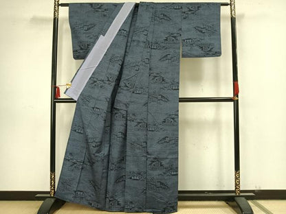 平和屋着物▽上質な紬 単衣 風景文 正絹 逸品 AAAZ9168fy