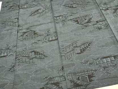 平和屋着物▽上質な紬 単衣 風景文 正絹 逸品 AAAZ9168fy