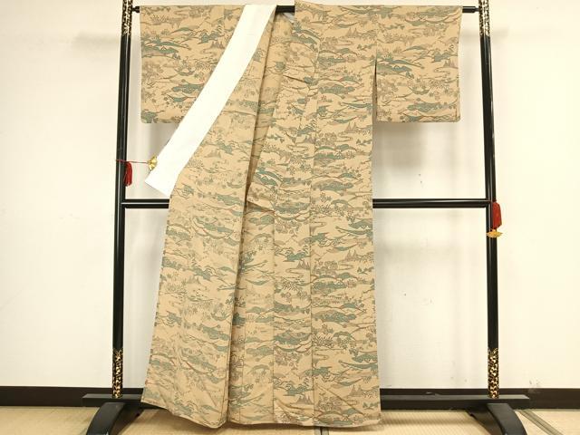 平和屋着物▽上質な小紋 単衣 型染め 風景草花文 鬼しぼ縮緬 正絹 逸品 AAAZ9177fy