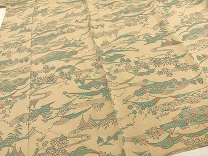 平和屋着物▽上質な小紋 単衣 型染め 風景草花文 鬼しぼ縮緬 正絹 逸品 AAAZ9177fy