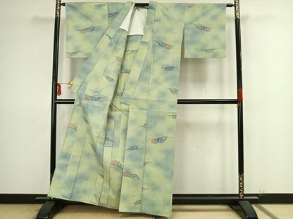 平和屋着物▽上質な紬 単衣 片輪車文 正絹 逸品 AAAZ9189fy