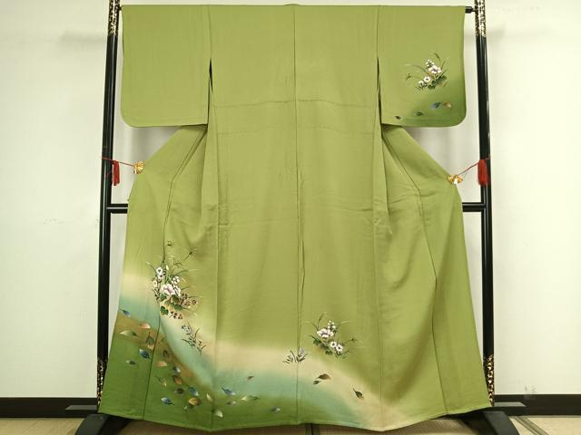 平和屋着物▽訪問着 単衣 手描き 草花文 暈し染め 金彩 正絹 逸品 AAAZ9192fy