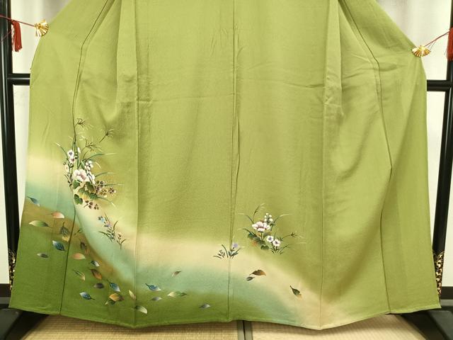 平和屋着物▽訪問着 単衣 手描き 草花文 暈し染め 金彩 正絹 逸品 AAAZ9192fy