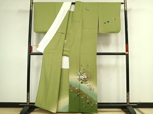 平和屋着物▽訪問着 単衣 手描き 草花文 暈し染め 金彩 正絹 逸品 AAAZ9192fy