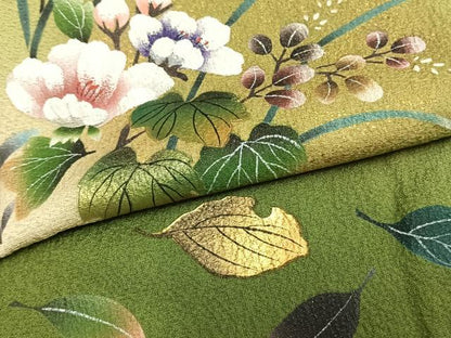 平和屋着物▽訪問着 単衣 手描き 草花文 暈し染め 金彩 正絹 逸品 AAAZ9192fy