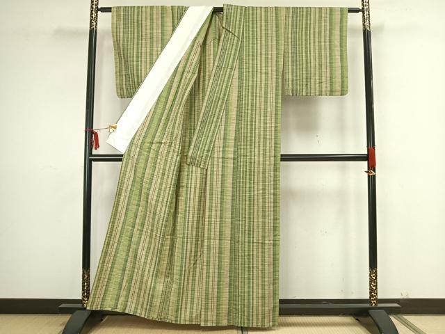 平和屋着物▽上質な紬　単衣　縞　正絹　逸品　AAAZ9197fy
