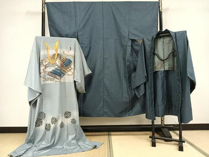 平和屋着物▽男性 小紋 アンサンブル 長襦袢セット 単衣 格子 ウール AAAZ9208fy