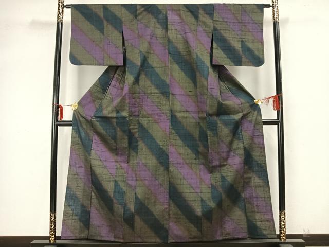 平和屋着物▽生紬 単衣 斜縞 正絹 逸品 AAAZ9218fy
