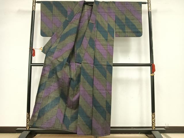 平和屋着物▽生紬 単衣 斜縞 正絹 逸品 AAAZ9218fy