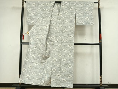 平和屋着物▽上質な紬 単衣 草花文 正絹 逸品 AAAZ9219fy