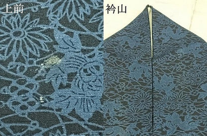 平和屋着物▽上質な小紋　単衣　紬地　藍　型染め　草花文　正絹　逸品　AAAZ9220fy