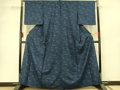 平和屋着物▽上質な小紋　単衣　紬地　藍　型染め　草花文　正絹　逸品　AAAZ9220fy