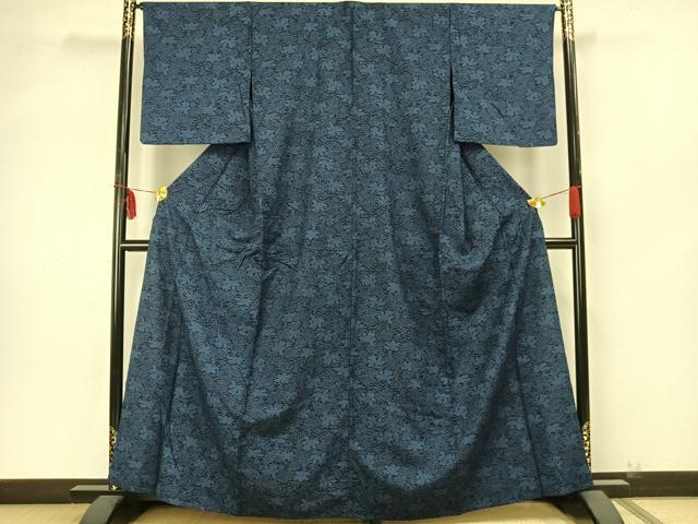 平和屋着物▽上質な小紋　単衣　紬地　藍　型染め　草花文　正絹　逸品　AAAZ9220fy