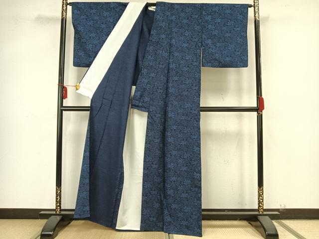平和屋着物▽上質な小紋　単衣　紬地　藍　型染め　草花文　正絹　逸品　AAAZ9220fy