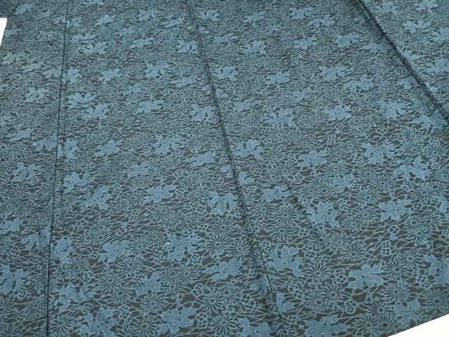 平和屋着物▽上質な小紋　単衣　紬地　藍　型染め　草花文　正絹　逸品　AAAZ9220fy