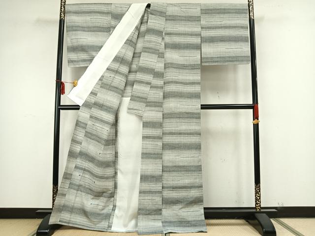 平和屋着物▽上質な紬 単衣 刺繍 横縞 正絹 逸品 AAAZ9223fy