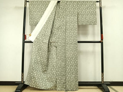 平和屋着物▽上質な紬　単衣　草花文　正絹　逸品　AAAZ9228fy