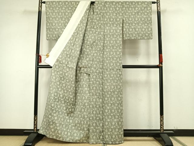 平和屋着物▽上質な紬　単衣　草花文　正絹　逸品　AAAZ9228fy