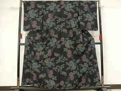 平和屋着物▽結城ちぢみ 単衣 草花文 正絹 逸品 AAAZ9230fy