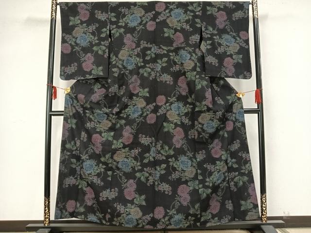 平和屋着物▽結城ちぢみ 単衣 草花文 正絹 逸品 AAAZ9230fy