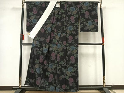 平和屋着物▽結城ちぢみ 単衣 草花文 正絹 逸品 AAAZ9230fy