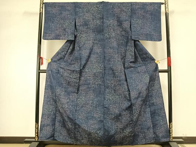平和屋着物▽上質な紬　単衣　草花文　正絹　逸品　AAAZ9231fy