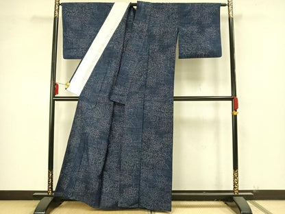 平和屋着物▽上質な紬　単衣　草花文　正絹　逸品　AAAZ9231fy