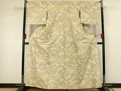 平和屋着物▽上質な紬　単衣　草花文　正絹　逸品　AAAZ9237fy