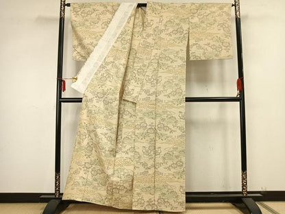 平和屋着物▽上質な紬　単衣　草花文　正絹　逸品　AAAZ9237fy