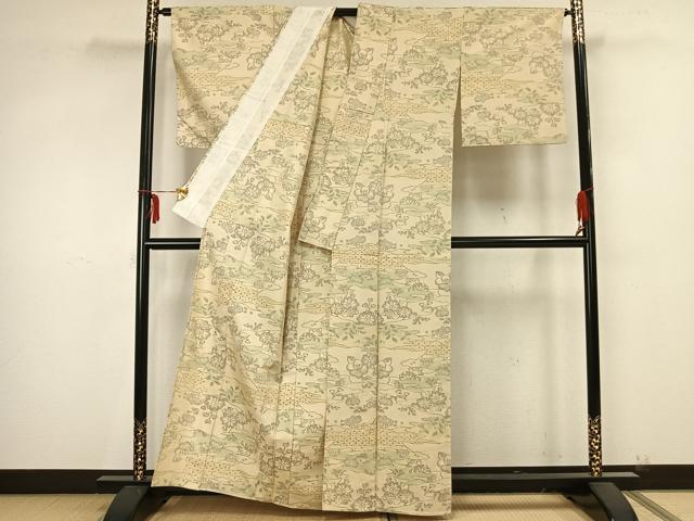 平和屋着物▽上質な紬　単衣　草花文　正絹　逸品　AAAZ9237fy