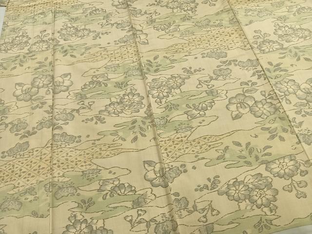 平和屋着物▽上質な紬　単衣　草花文　正絹　逸品　AAAZ9237fy