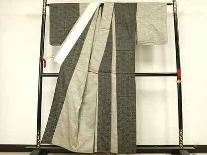 平和屋着物▽上質な紬 単衣 麻の葉文様 正絹 逸品 未使用 AAAZ9238fy