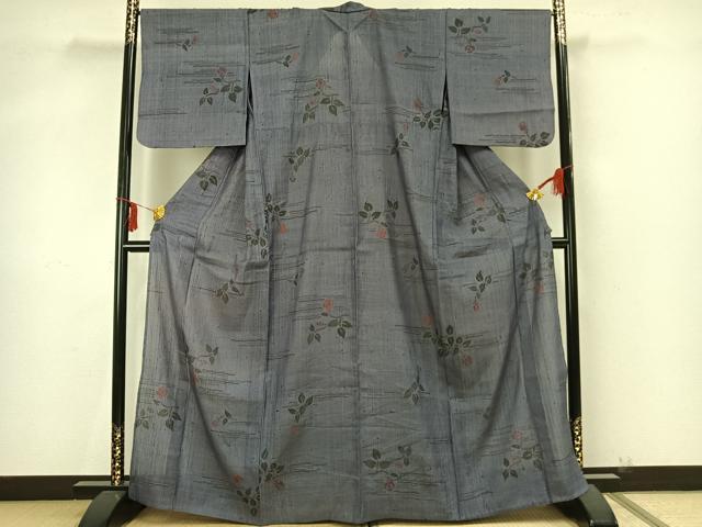 平和屋着物▽上質な紬　単衣　枝花文　正絹　逸品　AAAZ9239fy