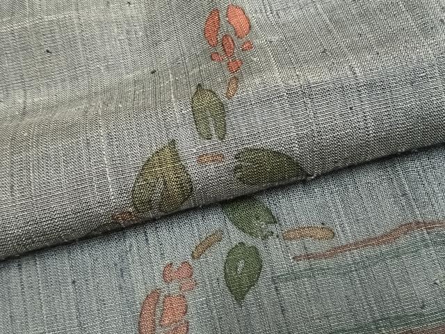 平和屋着物▽上質な紬　単衣　枝花文　正絹　逸品　AAAZ9239fy