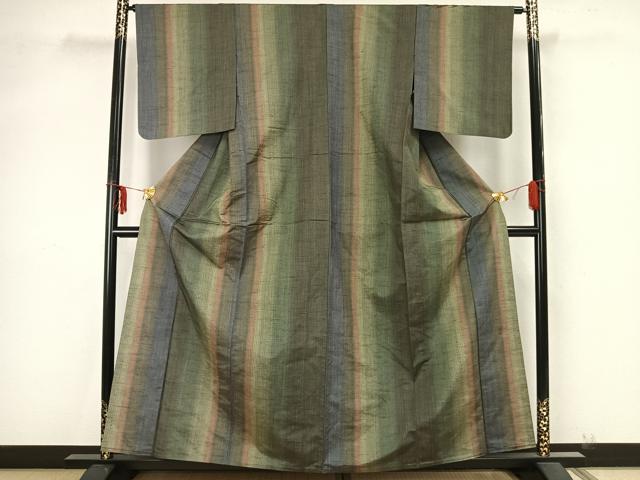 平和屋着物▽上質な紬 単衣 縞 正絹 逸品 AAAZ9249fy