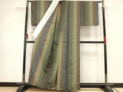 平和屋着物▽上質な紬 単衣 縞 正絹 逸品 AAAZ9249fy