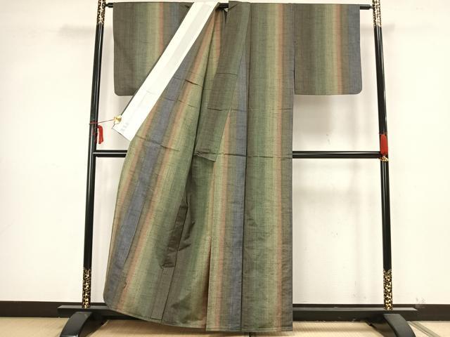 平和屋着物▽上質な紬 単衣 縞 正絹 逸品 AAAZ9249fy