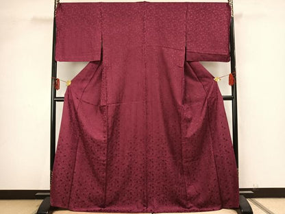 平和屋着物▽BANKANわものや　色無地　単衣　石畳地紋　中紅色　正絹　逸品　AAAZ9256fy