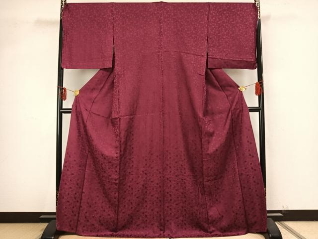 平和屋着物▽BANKANわものや　色無地　単衣　石畳地紋　中紅色　正絹　逸品　AAAZ9256fy