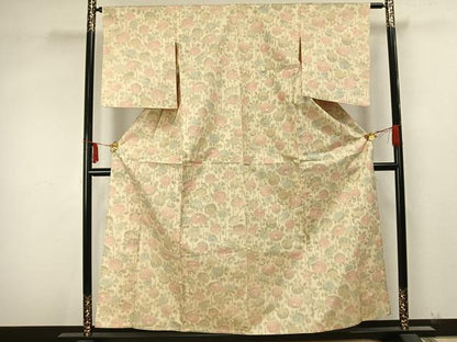 平和屋着物▽上質な紬 単衣 草花文 正絹 逸品 AAAZ9263fy