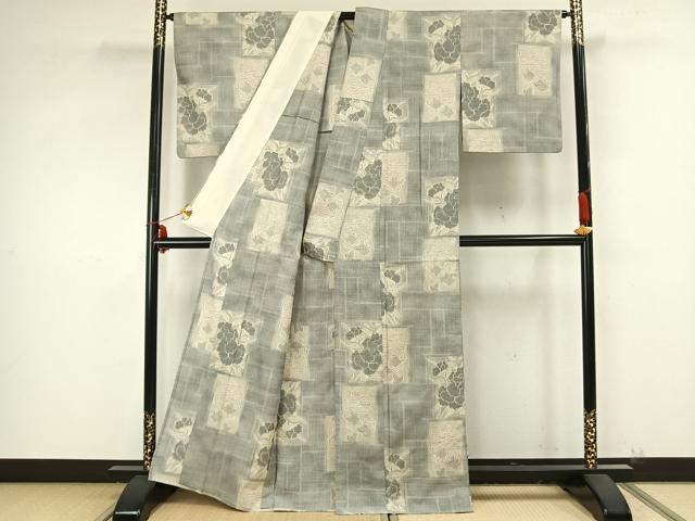 平和屋着物▽上質な紬　単衣　色紙草花文　正絹　逸品　AAAZ9268fy