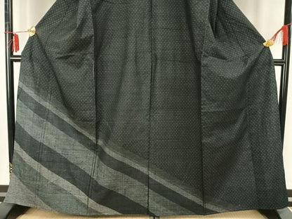平和屋着物▽訪問着 単衣 紬地 斜縞 黒地 正絹 逸品 AAAZ9270fy