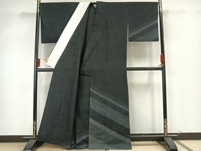 平和屋着物▽訪問着 単衣 紬地 斜縞 黒地 正絹 逸品 AAAZ9270fy