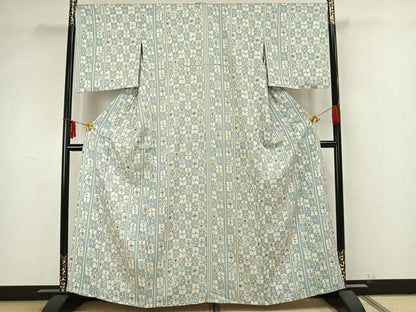 平和屋着物▽上質な小紋 単衣 市松花文 正絹 逸品 AAAZ9272fy