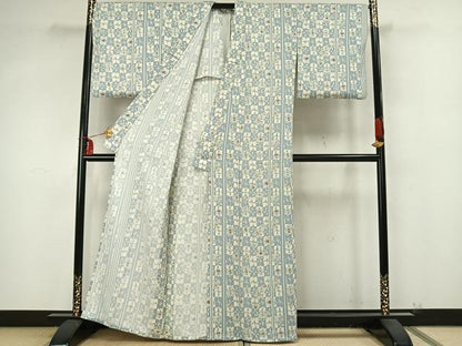 平和屋着物▽上質な小紋 単衣 市松花文 正絹 逸品 AAAZ9272fy